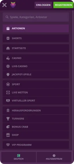 Malina Casino App Navigationsmenü mit Kategorien wie Casino, Live-Wetten, Jackpot-Spiele und VIP-Programm