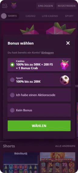 Malina Casino App Bonusauswahl mit Willkommensbonus 100% bis 500€ oder Sportbonus bis 200€ für neue Spieler