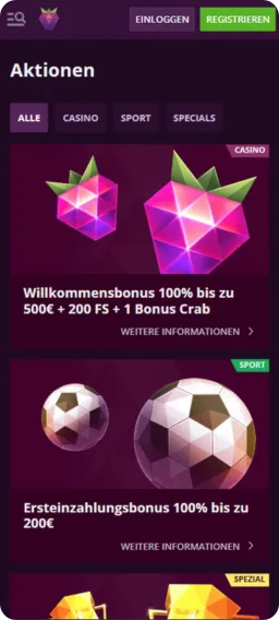 Malina Casino App Aktionen Bereich mit Willkommensbonus 100% bis 500€ und Ersteinzahlungsbonus für mobile Spieler