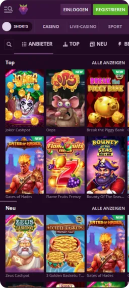 Malina Casino App Slots Übersicht mit beliebten Spielen wie Joker Cashpot, Gates of Hades und Bounty of the Seas für deutsche Nutzer