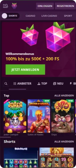 Malina Casino App Hauptbildschirm mit Bonusbanner und Navigation zwischen Casino, Live-Casino und Sportwetten