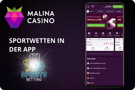 Malina Casino App Sportwetten Übersicht mit Live-Wetten, Pre-Match-Wetten und beliebten Sportarten wie Fußball, Tennis und eSports