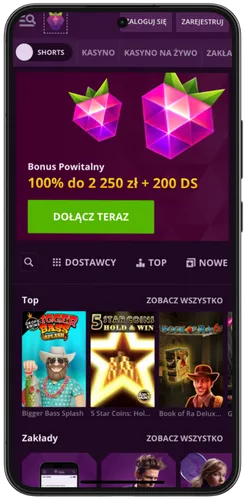 Ekran bonusu powitalnego w aplikacji Malina Casino z ofertą 100% do 2250 zł i 200 darmowych spinów
