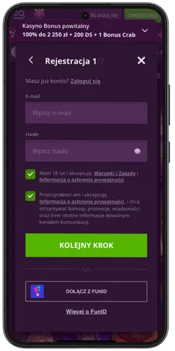 Formularz rejestracji w aplikacji Malina Casino z polami e-mail, hasło i przyciskiem Kolejny krok