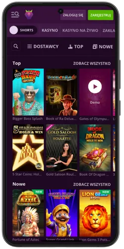 Ekran gier w aplikacji Malina Casino z popularnymi automatami i kategoriami gier