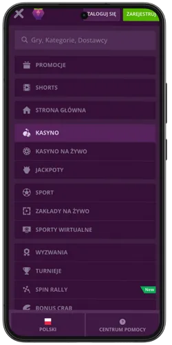 Menu główne aplikacji Malina Casino z kategoriami gier i sekcją pomocy