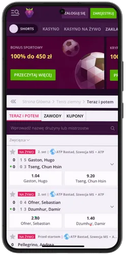 ekran zakładów sportowych w aplikacji Malina Casino z aktualnymi kursami i wydarzeniami na żywo
