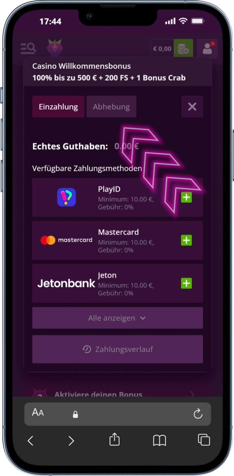 Einzahlung in Euro vornehmen